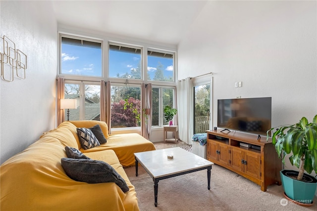 living room with light carpet and a high ceiling