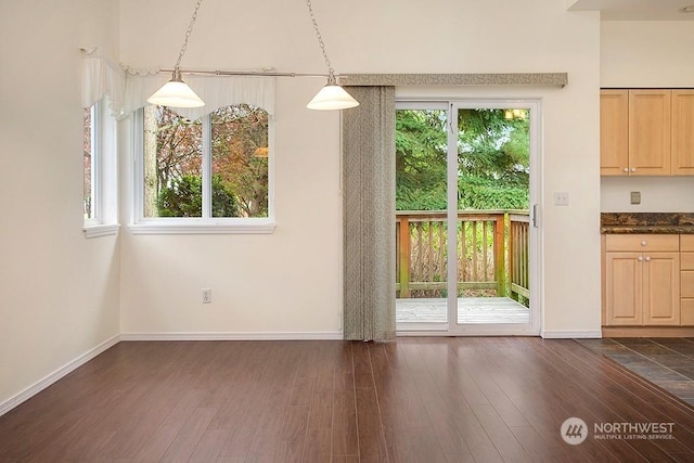 unfurnished dining area with dark wood-type flooring