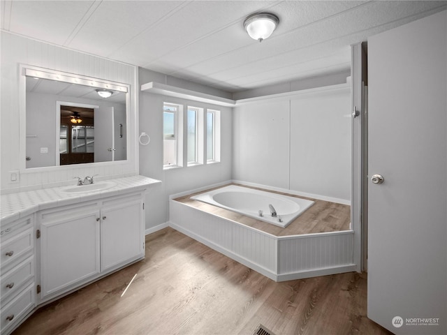 bathroom featuring vanity, hardwood / wood-style flooring, and a bathing tub