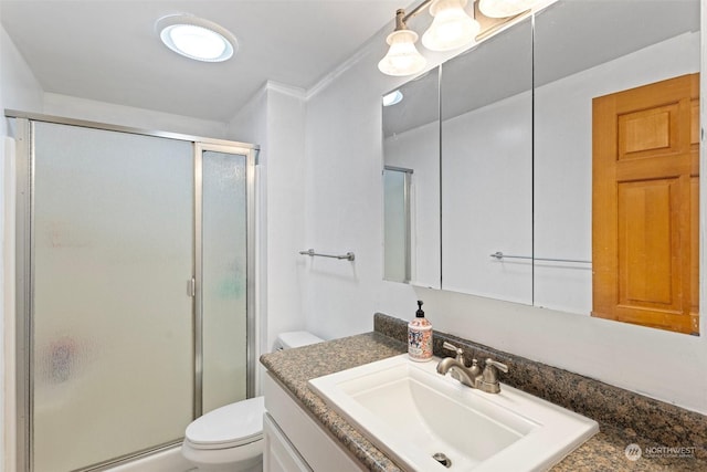 bathroom featuring a baseboard radiator, walk in shower, crown molding, toilet, and vanity