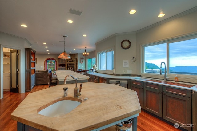 kitchen featuring plenty of natural light, dark hardwood / wood-style floors, crown molding, and a kitchen island with sink