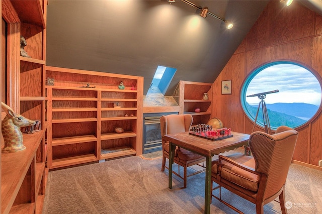 office area with carpet floors, wooden walls, rail lighting, and vaulted ceiling