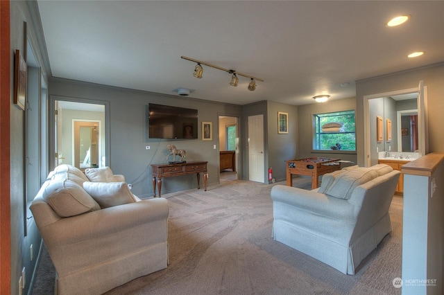 living room with rail lighting, crown molding, and light carpet