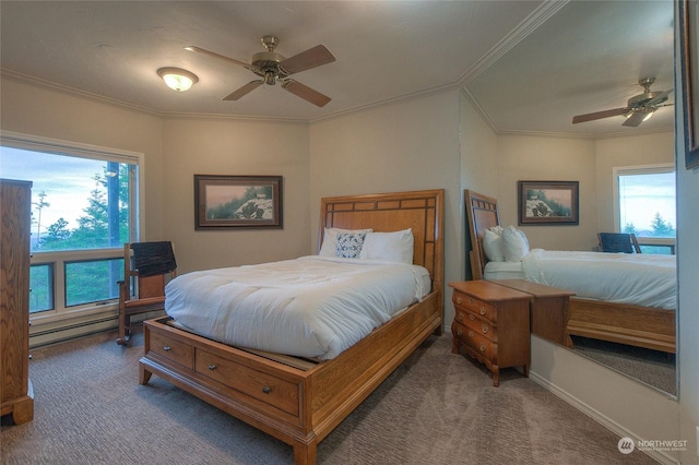 bedroom featuring carpet, ceiling fan, ornamental molding, and a baseboard heating unit