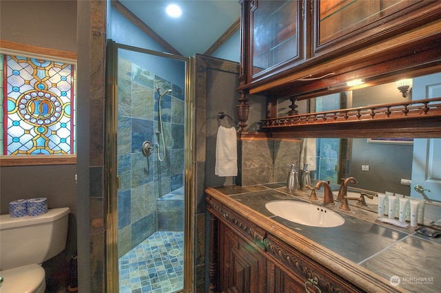 bathroom featuring crown molding, vaulted ceiling, toilet, a shower with door, and vanity