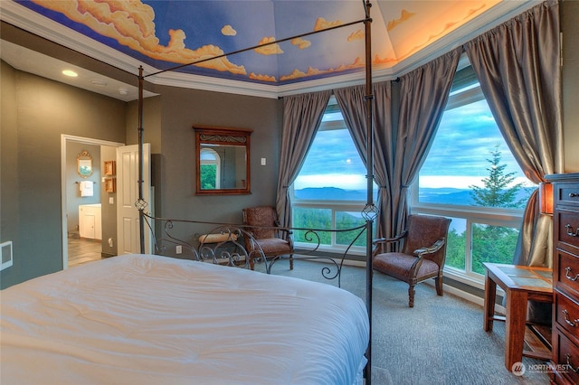 carpeted bedroom featuring a mountain view