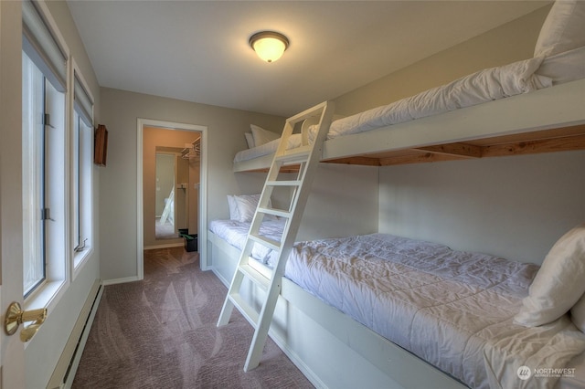 bedroom featuring carpet flooring, a spacious closet, a closet, and a baseboard radiator