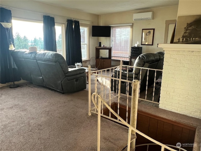 living room with carpet flooring and an AC wall unit