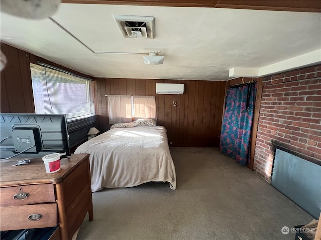 carpeted bedroom with an AC wall unit and wooden walls