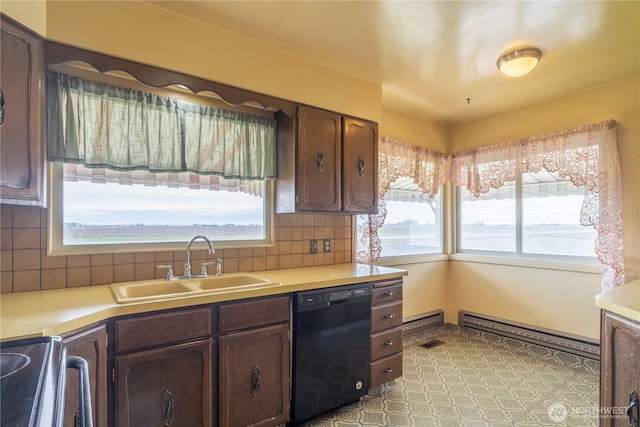 kitchen featuring dishwasher, a baseboard radiator, a sink, and plenty of natural light