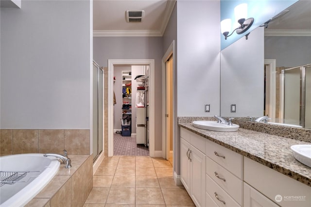 bathroom with separate shower and tub, crown molding, tile patterned flooring, and vanity