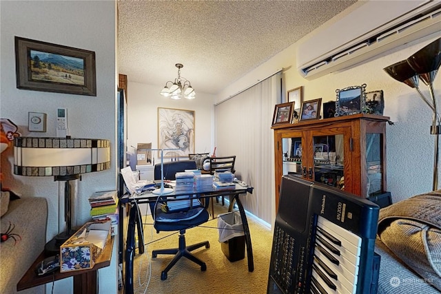 carpeted home office with a wall mounted air conditioner, a textured ceiling, and an inviting chandelier