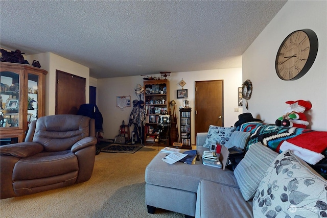 carpeted living room featuring a textured ceiling