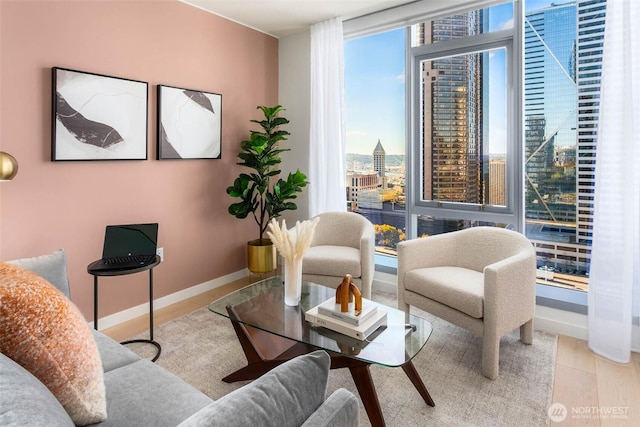 sitting room featuring baseboards, wood finished floors, and a city view