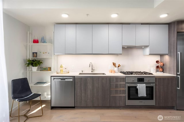 kitchen featuring open shelves, stainless steel appliances, light countertops, a sink, and light wood-type flooring