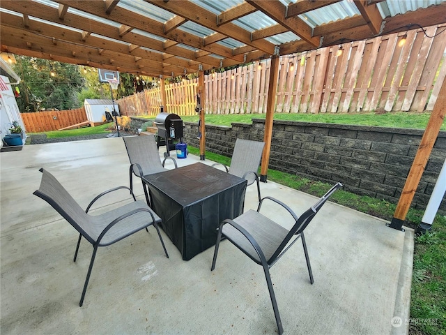 view of patio / terrace with a storage shed and grilling area