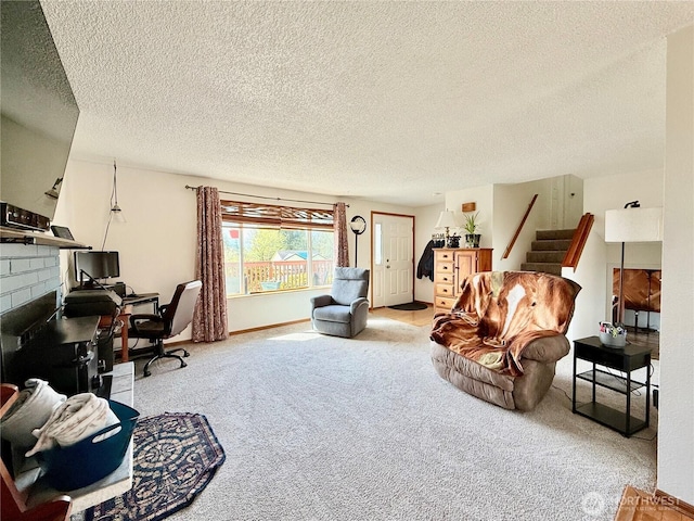 117 Heritage Dr, Elma, WA 98541 - interior space featuring stairs, a brick fireplace, baseboards, and a textured ceiling
