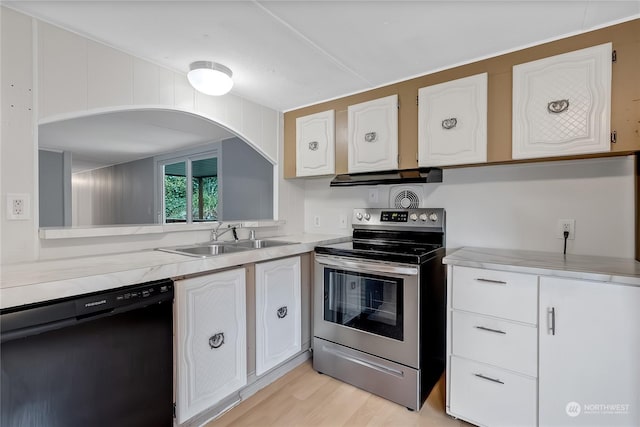 kitchen with stainless steel range with electric stovetop, dishwasher, white cabinets, sink, and light wood-type flooring