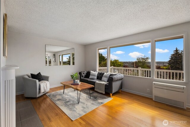 living area featuring baseboards, heating unit, a textured ceiling, and wood finished floors