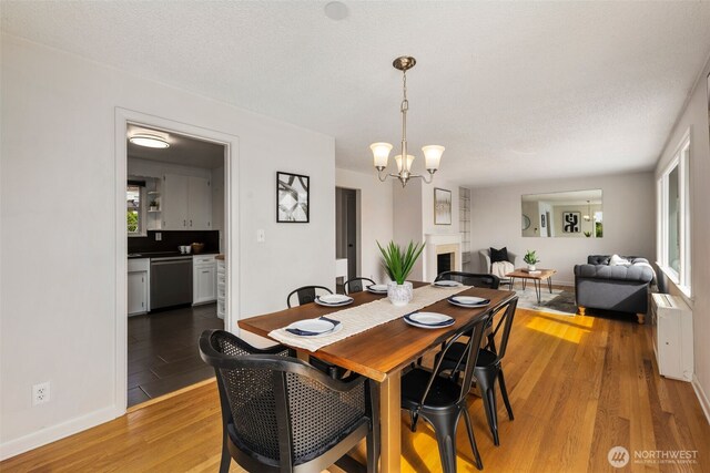 dining area with an inviting chandelier, a fireplace, baseboards, radiator heating unit, and light wood finished floors