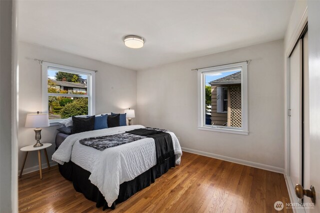 bedroom featuring baseboards, a closet, wood finished floors, and multiple windows