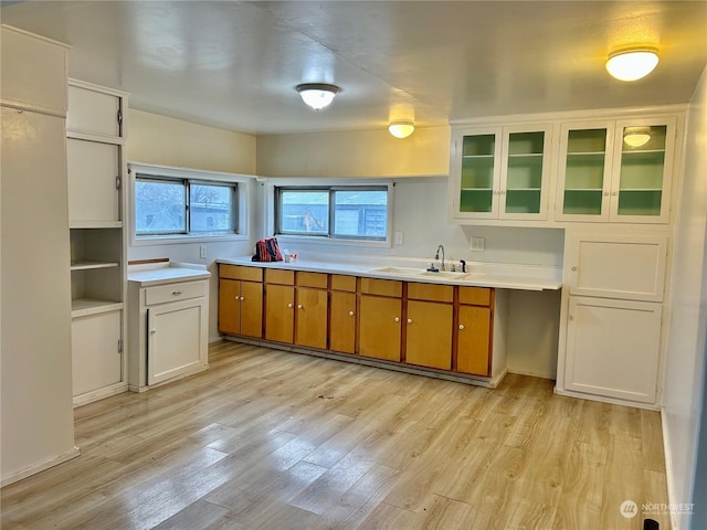 kitchen with white cabinets, light hardwood / wood-style floors, and sink