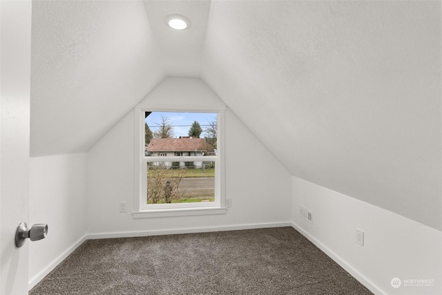 bonus room with a textured ceiling, vaulted ceiling, and carpet