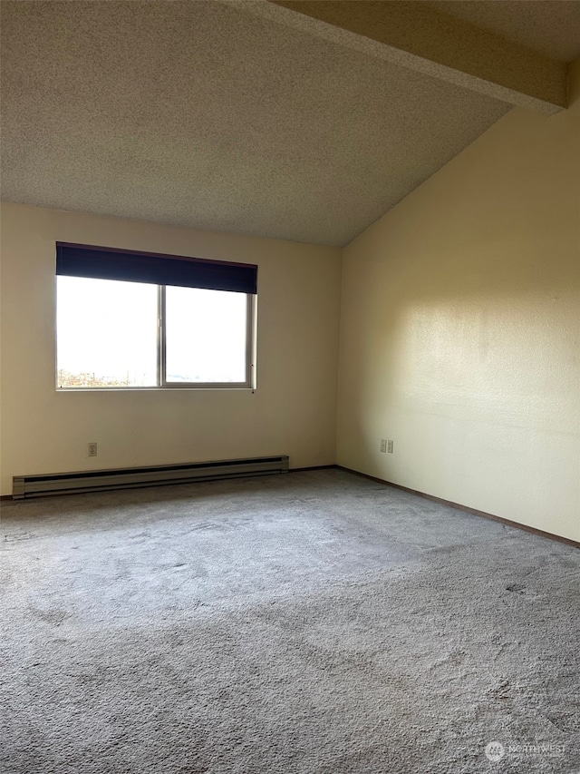 carpeted spare room featuring vaulted ceiling with beams, a textured ceiling, and a baseboard heating unit