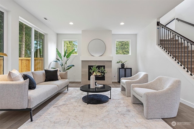 living room featuring a fireplace and light hardwood / wood-style flooring