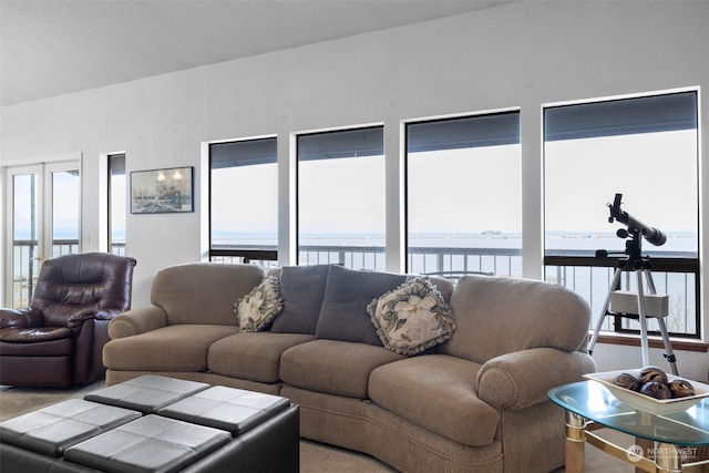 living room with a healthy amount of sunlight and a water view