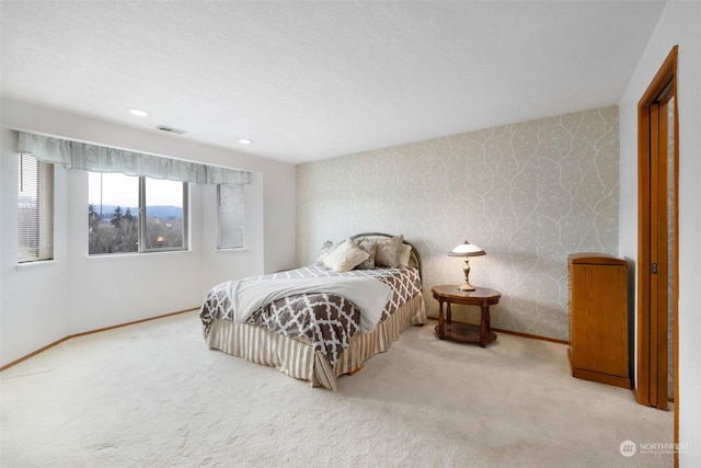 carpeted bedroom with a textured ceiling