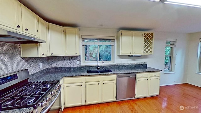 kitchen with cream cabinets, appliances with stainless steel finishes, light hardwood / wood-style floors, and sink