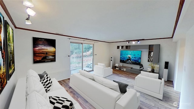 living room featuring crown molding, rail lighting, and hardwood / wood-style floors