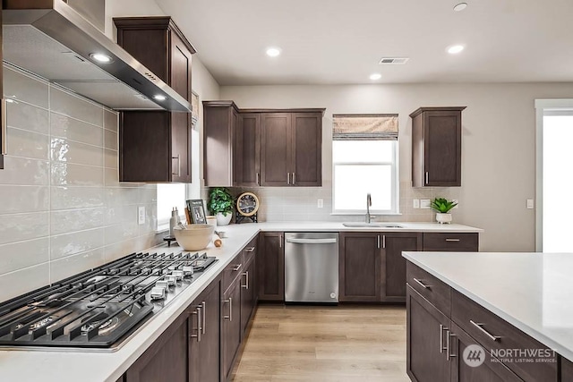 kitchen with backsplash, wall chimney exhaust hood, stainless steel appliances, sink, and light hardwood / wood-style floors