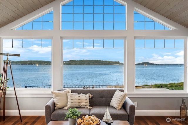 sunroom featuring a water view, a healthy amount of sunlight, and lofted ceiling