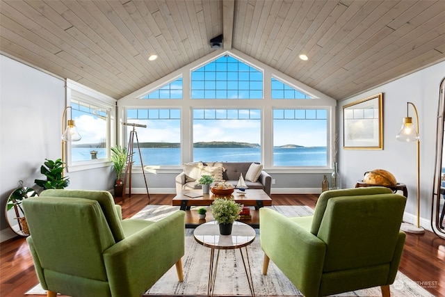 sunroom / solarium featuring lofted ceiling with beams, a water view, and wooden ceiling