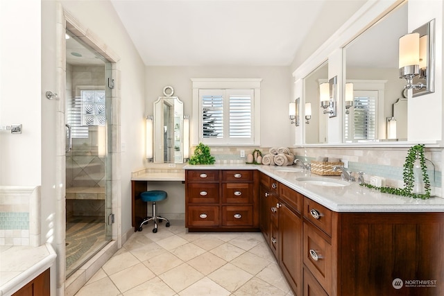 bathroom featuring decorative backsplash, vaulted ceiling, and walk in shower