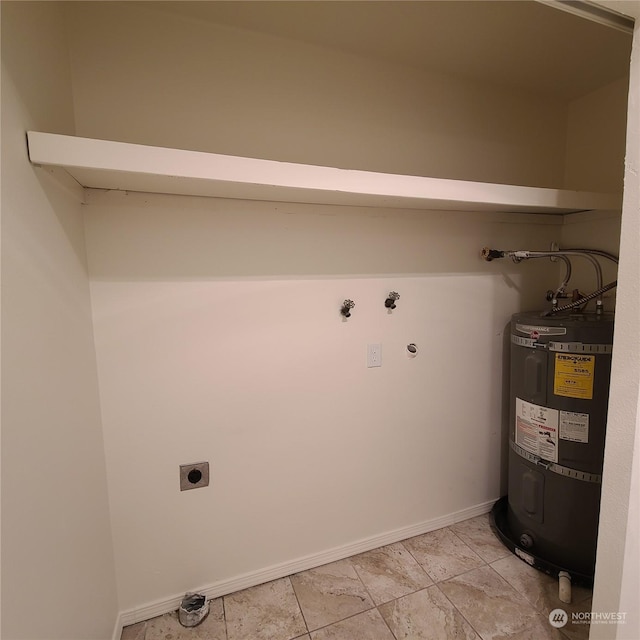 washroom with electric dryer hookup, water heater, and washer hookup