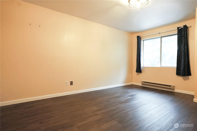 empty room featuring dark hardwood / wood-style floors and a baseboard heating unit