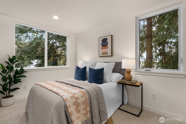 bedroom with carpet flooring, multiple windows, and baseboards