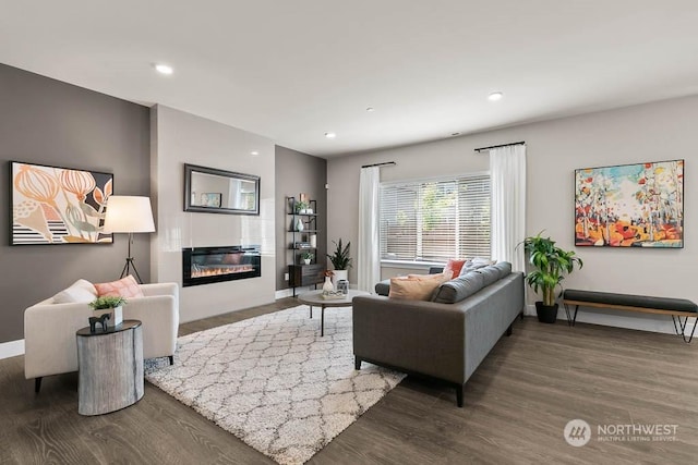 living room with dark hardwood / wood-style floors