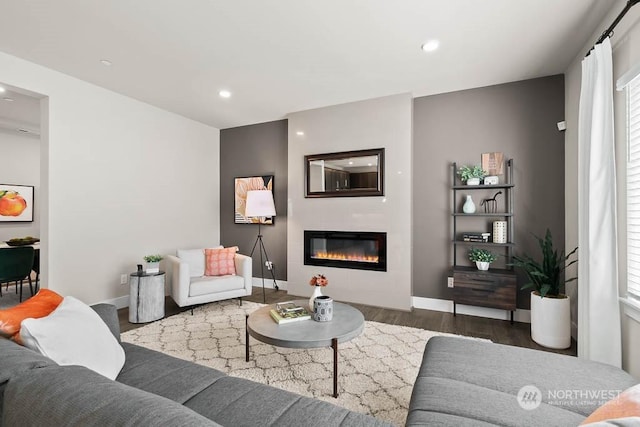 living room with dark wood-type flooring