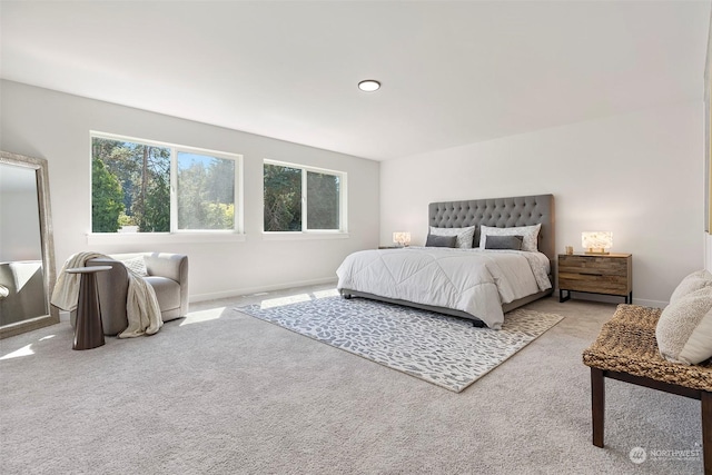 bedroom with light carpet