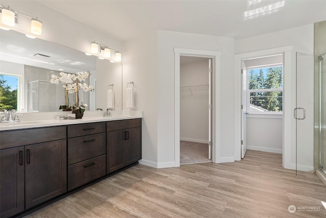 bathroom featuring vanity, hardwood / wood-style flooring, and a shower with door