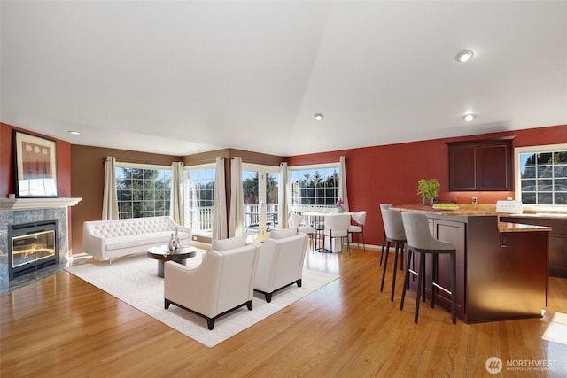 living room featuring lofted ceiling, a fireplace, and light hardwood / wood-style floors