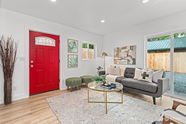 living room featuring light wood-type flooring and a wealth of natural light