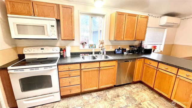 kitchen featuring kitchen peninsula, white appliances, a wall mounted AC, crown molding, and sink