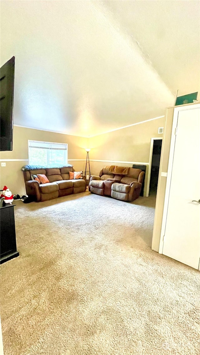 carpeted living room featuring lofted ceiling