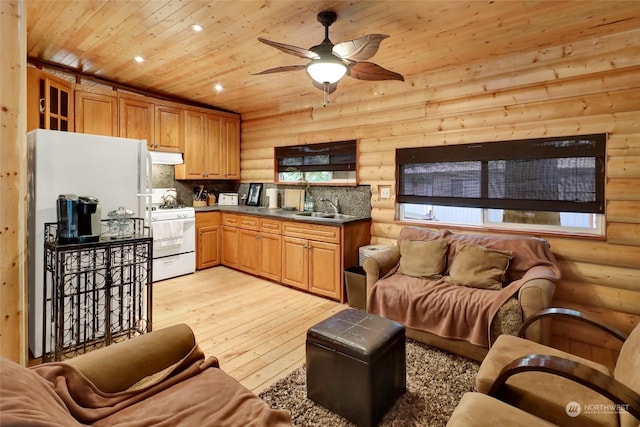 kitchen featuring sink, light wood-type flooring, tasteful backsplash, white range oven, and wood ceiling