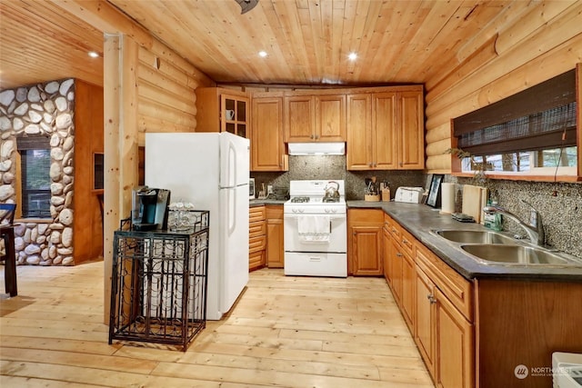 kitchen with sink, wooden ceiling, white appliances, and light hardwood / wood-style flooring